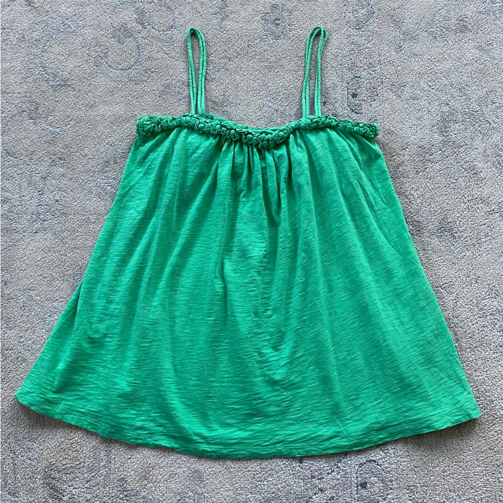 J. Crew 100% Cotton Tank Small Green Gathered Embellished Neckline Built In Bra